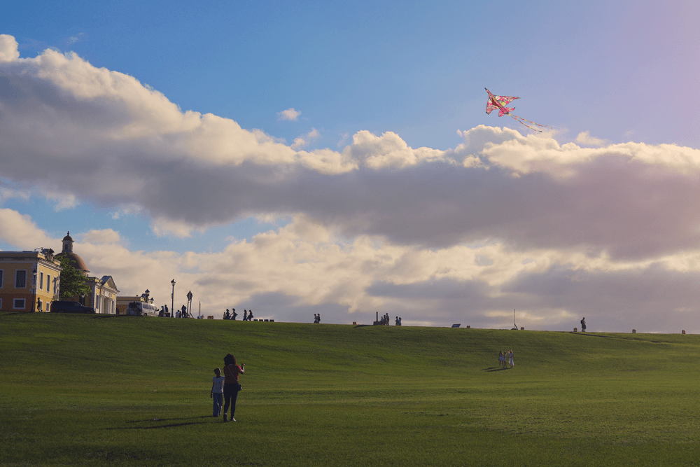People flying a kite on the green field outside the fort